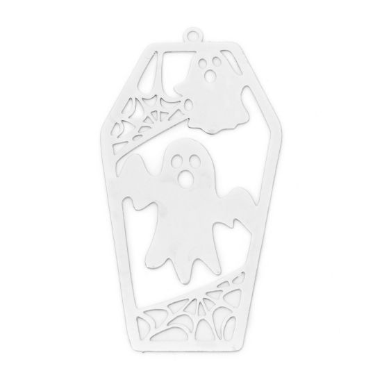 Picture of 10 PCs Iron Based Alloy Halloween Pendants Silver Tone Coffin Halloween Ghost Filigree Stamping 4.9cm x 2.6cm