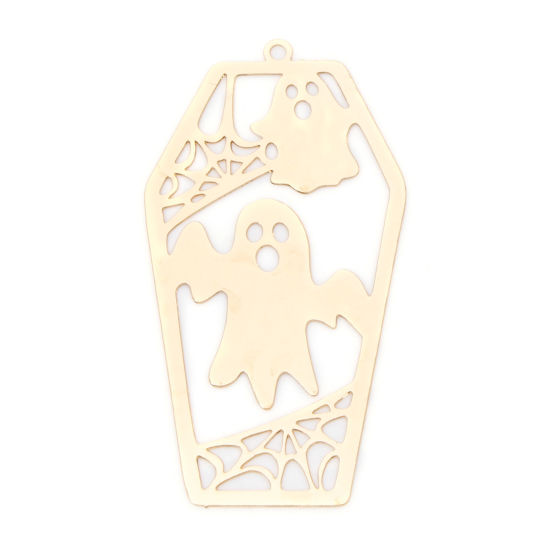 Picture of 10 PCs Iron Based Alloy Halloween Pendants KC Gold Plated Coffin Halloween Ghost Filigree Stamping 4.9cm x 2.6cm