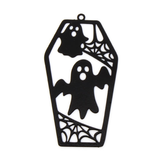 Picture of 10 PCs Iron Based Alloy Halloween Pendants Black Coffin Halloween Ghost Filigree Stamping 4.9cm x 2.6cm