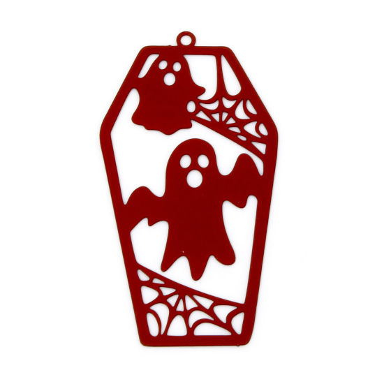 Picture of 10 PCs Iron Based Alloy Halloween Pendants Red Coffin Halloween Ghost Filigree Stamping 4.9cm x 2.6cm