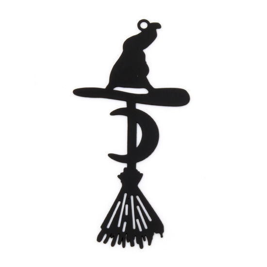 Picture of 10 PCs Iron Based Alloy Halloween Pendants Black Besom Halloween Witch Hat Filigree Stamping 5.7cm x 2.8cm