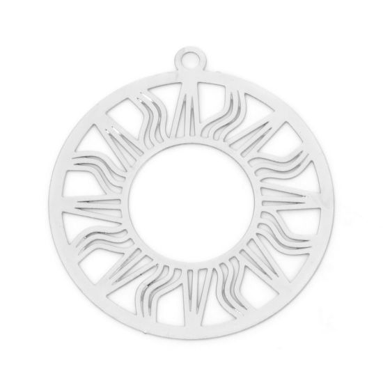 Picture of 10 PCs Iron Based Alloy Galaxy Pendants Silver Tone Round Sun Filigree Stamping 3.4cm x 3.1cm