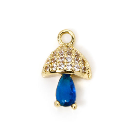 Picture of 2 PCs Eco-friendly Brass Charms 18K Real Gold Plated Mushroom Micro Pave Clear Cubic Zirconia Royal Blue Rhinestone 12mm x 7.5mm