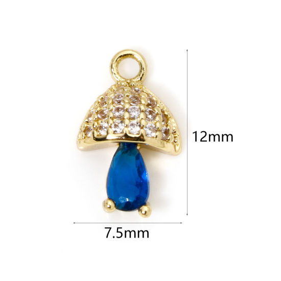 Picture of 2 PCs Eco-friendly Brass Charms 18K Real Gold Plated Mushroom Micro Pave Clear Cubic Zirconia Royal Blue Rhinestone 12mm x 7.5mm