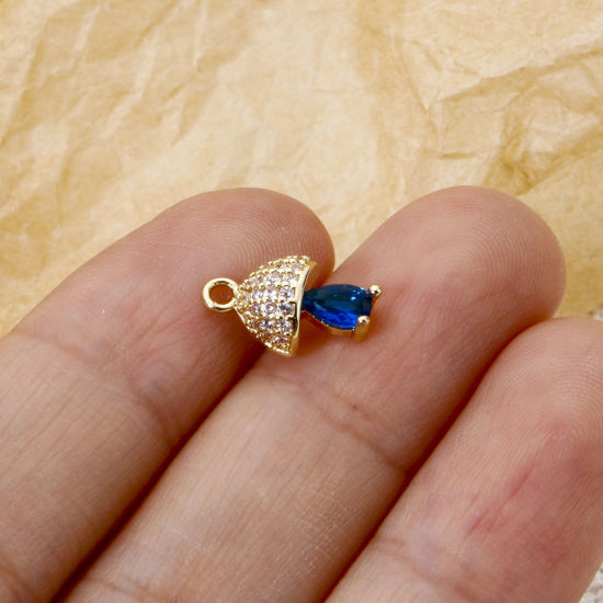 Picture of 2 PCs Eco-friendly Brass Charms 18K Real Gold Plated Mushroom Micro Pave Clear Cubic Zirconia Royal Blue Rhinestone 12mm x 7.5mm