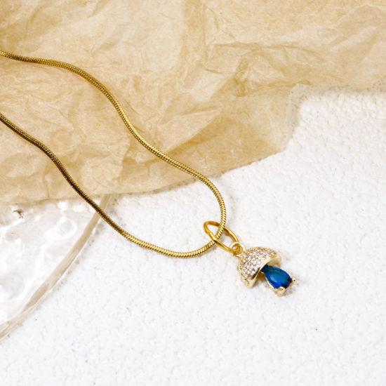 Picture of 2 PCs Eco-friendly Brass Charms 18K Real Gold Plated Mushroom Micro Pave Clear Cubic Zirconia Royal Blue Rhinestone 12mm x 7.5mm