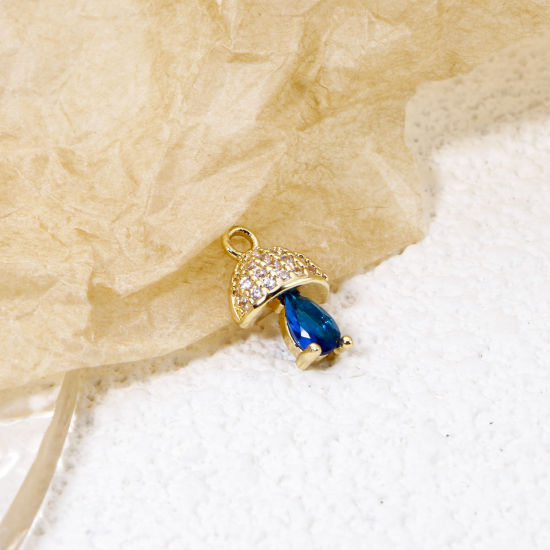 Picture of 2 PCs Eco-friendly Brass Charms 18K Real Gold Plated Mushroom Micro Pave Clear Cubic Zirconia Royal Blue Rhinestone 12mm x 7.5mm