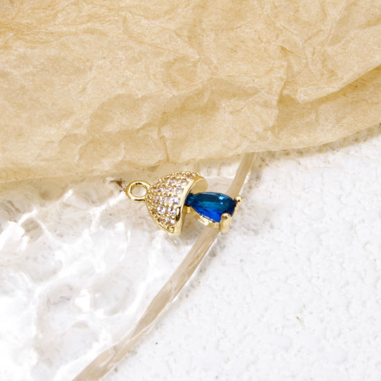 Picture of 2 PCs Eco-friendly Brass Charms 18K Real Gold Plated Mushroom Micro Pave Clear Cubic Zirconia Royal Blue Rhinestone 12mm x 7.5mm