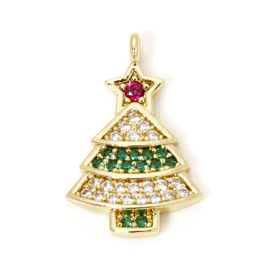 Image de 1 Pièce Breloques Noël en Laiton Pin de Noël Plaqué Or 18K Micro Pave à Zircone Cubique Multicolore 18mm x 12mm