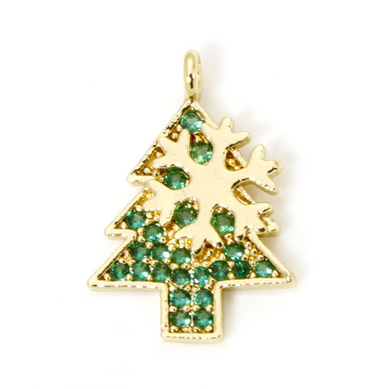 Image de 1 Pièce Breloques Noël en Laiton Pin de Noël Plaqué Or 18K Flocon de Neige Micro Pave à Zircone Cubique Vert 16mm x 11mm