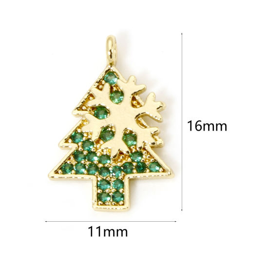 Image de 1 Pièce Breloques Noël en Laiton Pin de Noël Plaqué Or 18K Flocon de Neige Micro Pave à Zircone Cubique Vert 16mm x 11mm