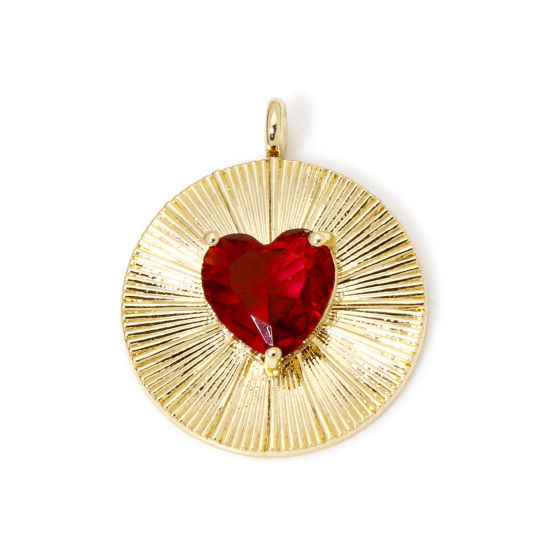 Imagen de 2 Unidades Respetuoso del Medio Ambiente Latón día de San Valentín Colgantes Ronda 18K Oro Real Chapado Corazón Rojo Circón Artificial 22mm x 18.5mm