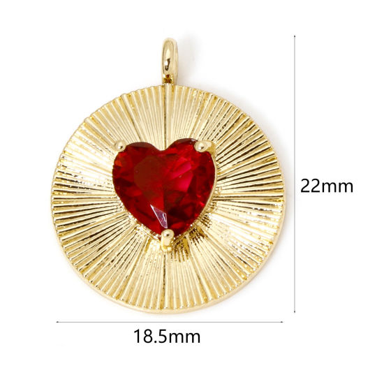 Imagen de 2 Unidades Respetuoso del Medio Ambiente Latón día de San Valentín Colgantes Ronda 18K Oro Real Chapado Corazón Rojo Circón Artificial 22mm x 18.5mm