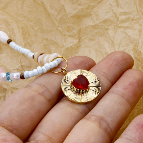 Imagen de 2 Unidades Respetuoso del Medio Ambiente Latón día de San Valentín Colgantes Ronda 18K Oro Real Chapado Corazón Rojo Circón Artificial 22mm x 18.5mm