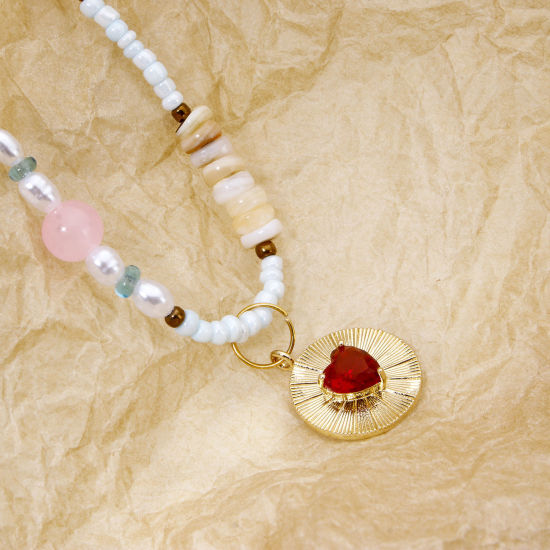 Imagen de 2 Unidades Respetuoso del Medio Ambiente Latón día de San Valentín Colgantes Ronda 18K Oro Real Chapado Corazón Rojo Circón Artificial 22mm x 18.5mm