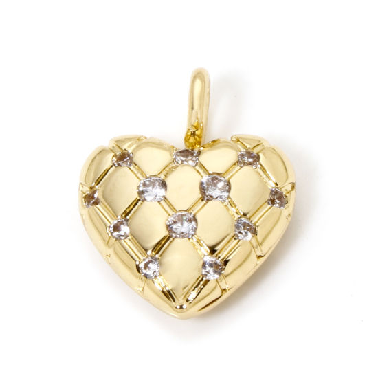 Picture of 1 Piece Brass Valentine's Day Charms 18K Gold Plated Heart Texture Clear Cubic Zirconia 17mm x 14mm