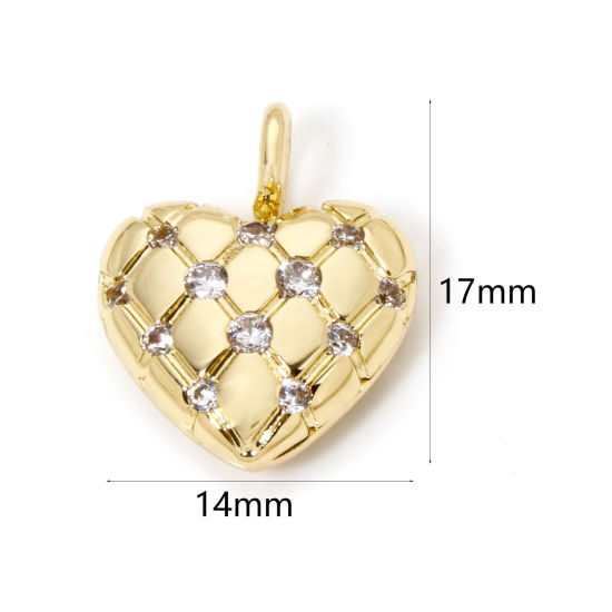 Picture of 1 Piece Brass Valentine's Day Charms 18K Gold Plated Heart Texture Clear Cubic Zirconia 17mm x 14mm