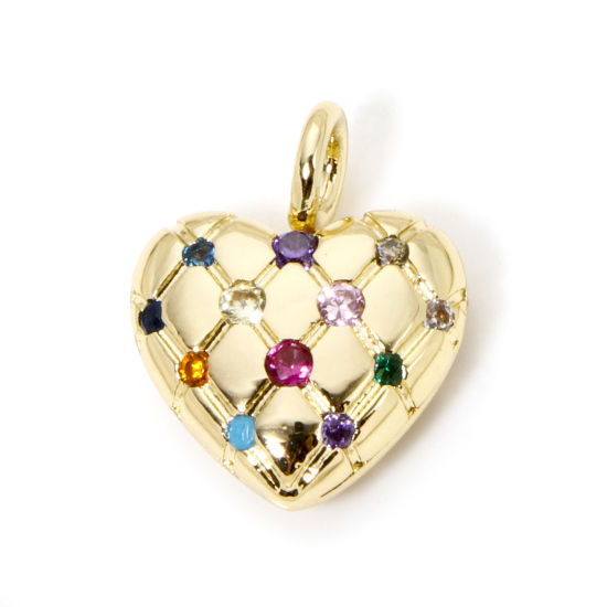 Picture of 1 Piece Brass Valentine's Day Charms 18K Gold Plated Heart Texture Multicolour Cubic Zirconia 17mm x 14mm