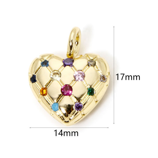 Picture of 1 Piece Brass Valentine's Day Charms 18K Gold Plated Heart Texture Multicolour Cubic Zirconia 17mm x 14mm