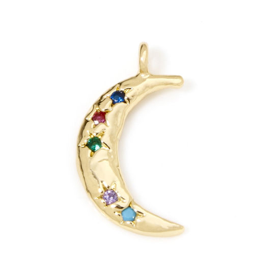 Picture of 2 PCs Eco-friendly Brass Galaxy Charms 18K Real Gold Plated Half Moon Star Multicolour Cubic Zirconia 18.5mm x 10mm