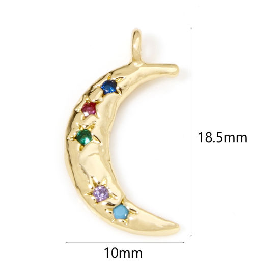 Picture of 2 PCs Eco-friendly Brass Galaxy Charms 18K Real Gold Plated Half Moon Star Multicolour Cubic Zirconia 18.5mm x 10mm