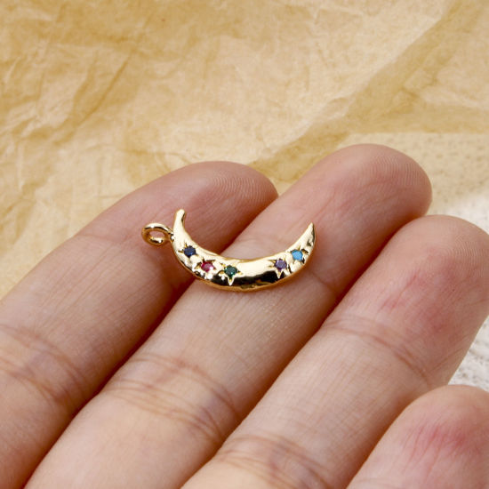Picture of 2 PCs Eco-friendly Brass Galaxy Charms 18K Real Gold Plated Half Moon Star Multicolour Cubic Zirconia 18.5mm x 10mm