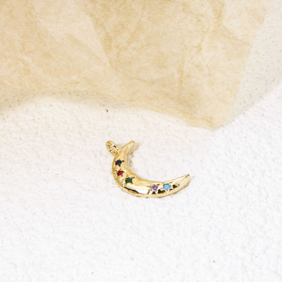 Picture of 2 PCs Eco-friendly Brass Galaxy Charms 18K Real Gold Plated Half Moon Star Multicolour Cubic Zirconia 18.5mm x 10mm