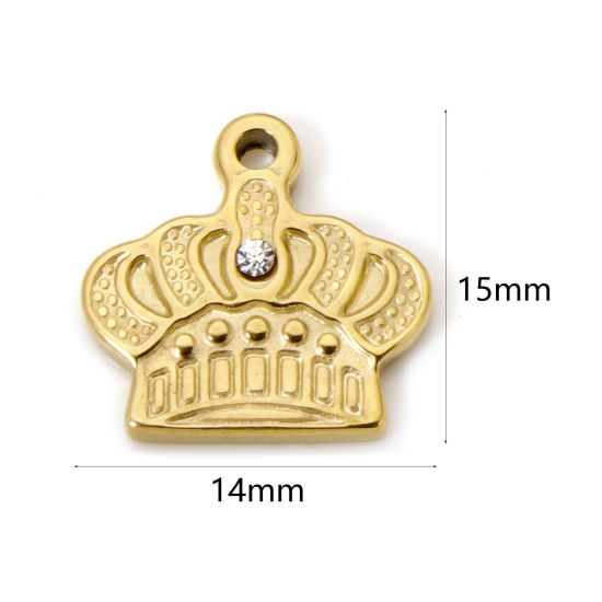 Picture of 1 Piece Eco-friendly PVD Vacuum Plating 304 Stainless Steel Charms 14K Real Gold Plated Crown Clear Rhinestone 15mm x 14mm