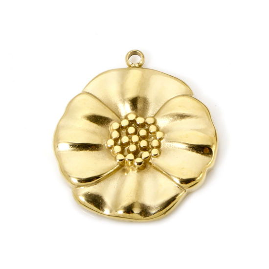 Picture of 1 Piece Eco-friendly PVD Vacuum Plating 304 Stainless Steel Flora Collection Charms 14K Real Gold Plated Flower 22.5mm x 20mm