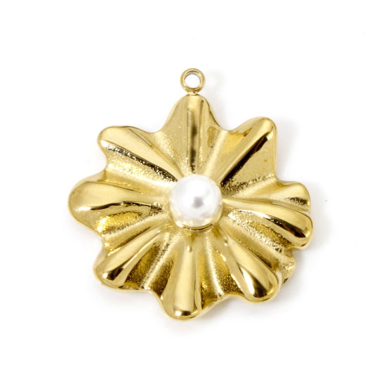 Picture of 1 Piece Eco-friendly PVD Vacuum Plating 304 Stainless Steel Flora Collection Charms 14K Real Gold Plated Flower Acrylic Imitation Pearl 25mm x 23mm