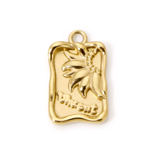 Picture of 1 Piece Eco-friendly PVD Vacuum Plating 304 Stainless Steel Flora Collection Charms 14K Real Gold Plated Rectangle Leaf 20mm x 12mm