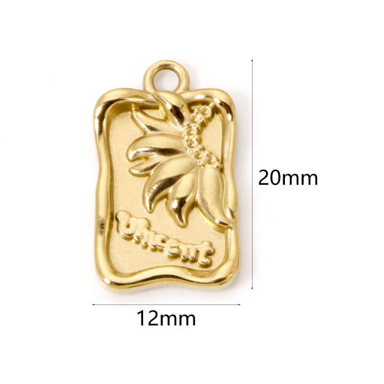 Picture of 1 Piece Eco-friendly PVD Vacuum Plating 304 Stainless Steel Flora Collection Charms 14K Real Gold Plated Rectangle Leaf 20mm x 12mm