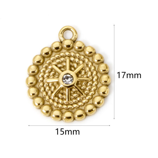 Picture of 1 Piece Eco-friendly PVD Vacuum Plating 304 Stainless Steel Galaxy Charms 14K Real Gold Plated Round Star Clear Rhinestone 17mm x 15mm