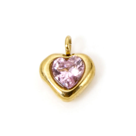 Picture of 1 Piece Eco-friendly PVD Vacuum Plating 304 Stainless Steel Valentine's Day Charms 14K Real Gold Plated Heart Mini Pink Cubic Zirconia 6mm x 5mm