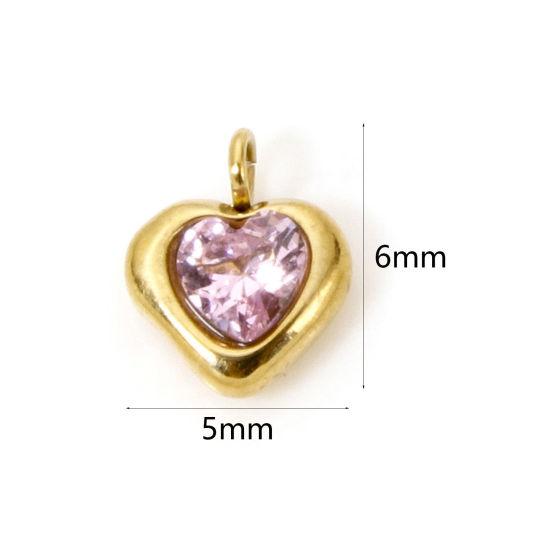 Picture of 1 Piece Eco-friendly PVD Vacuum Plating 304 Stainless Steel Valentine's Day Charms 14K Real Gold Plated Heart Mini Pink Cubic Zirconia 6mm x 5mm