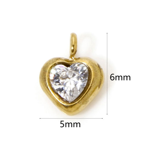 Picture of 1 Piece Eco-friendly PVD Vacuum Plating 304 Stainless Steel Valentine's Day Charms 14K Real Gold Plated Heart Mini Clear Cubic Zirconia 6mm x 5mm