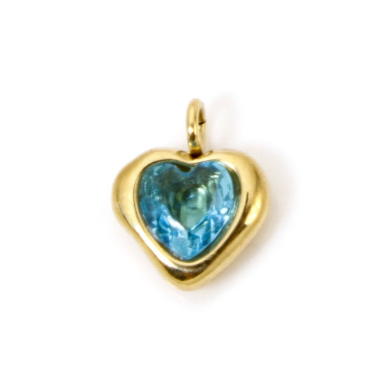 Picture of 1 Piece Eco-friendly PVD Vacuum Plating 304 Stainless Steel Valentine's Day Charms 14K Real Gold Plated Heart Mini Blue Cubic Zirconia 6mm x 5mm