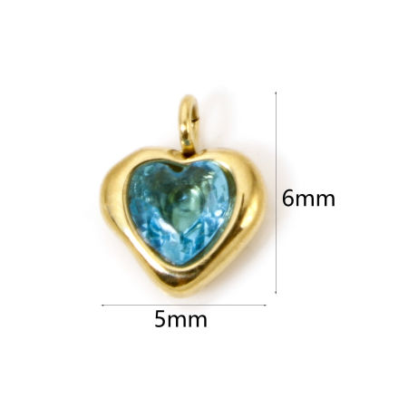 Picture of 1 Piece Eco-friendly PVD Vacuum Plating Waterproof Anti-Tarnish Hypoallergenic 304 Stainless Steel Valentine's Day Charms 14K Real Gold Plated Heart Mini Blue Cubic Zirconia 6mm x 5mm