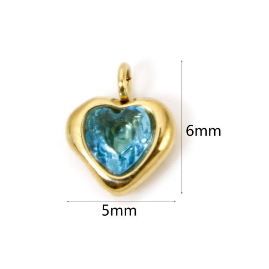 Picture of 1 Piece Eco-friendly PVD Vacuum Plating 304 Stainless Steel Valentine's Day Charms 14K Real Gold Plated Heart Mini Blue Cubic Zirconia 6mm x 5mm