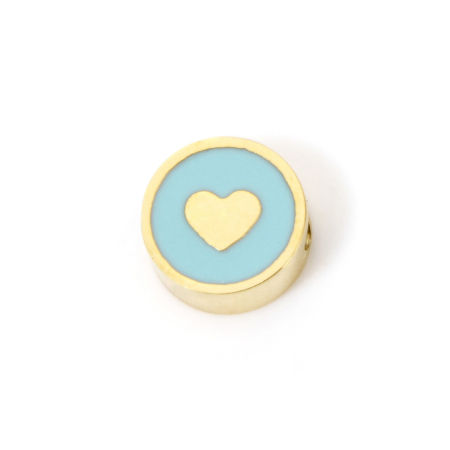 Picture of 2 PCs Eco-friendly PVD Vacuum Plating Waterproof Anti-Tarnish Hypoallergenic 304 Stainless Steel Valentine's Day Beads For DIY Jewelry Making Flat Round 14K Real Gold Plated Mint Green Heart Enamel 8mm Dia., Hole: Approx 1.8mm