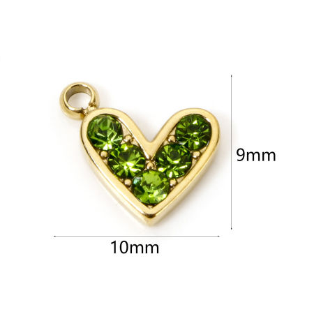 Picture of 1 Piece Eco-friendly PVD Vacuum Plating Waterproof Anti-Tarnish Hypoallergenic 304 Stainless Steel Valentine's Day Charms 14K Real Gold Plated Heart Green Rhinestone 10mm x 9mm