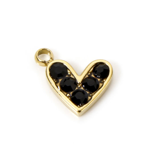 Picture of 1 Piece Eco-friendly PVD Vacuum Plating 304 Stainless Steel Valentine's Day Charms 14K Real Gold Plated Heart Black Rhinestone 10mm x 9mm