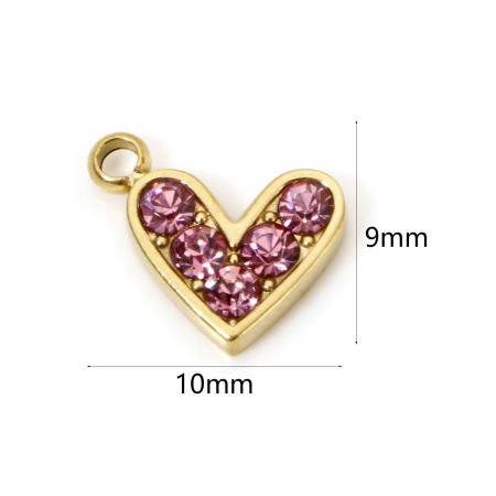 Bild von 1 Stück Umweltfreundliche PVD-Vakuumbeschichtung wasserdicht anlaufgeschützt hypoallergen  304 Edelstahl Valentinstag Charms Herz 14K Echtgold plattiert Rosa Strass 10mm x 9mm