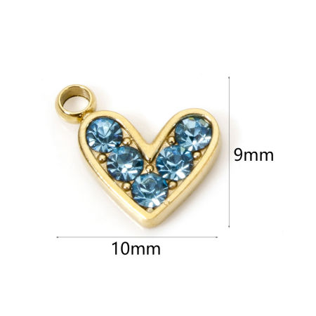 Bild von 1 Stück Umweltfreundliche PVD-Vakuumbeschichtung wasserdicht anlaufgeschützt hypoallergen  304 Edelstahl Valentinstag Charms Herz 14K Echtgold plattiert Blau Strass 10mm x 9mm
