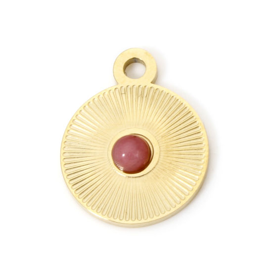 Изображение 1 ШТ Экологичное вакуумное PVD-покрытие 304 Нержавеющая Сталь Геометрический Подвески Круглые 14K настоящее золото с покрытием Розовый Кабошоны с синтетическим драгоценным Камнем 15мм x 12мм