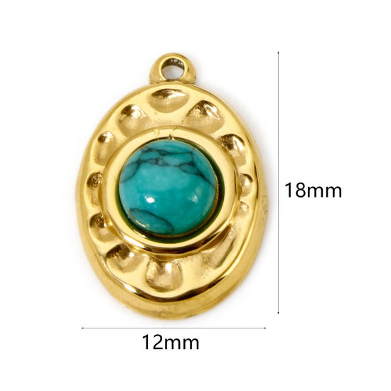 Picture of 1 Piece Eco-friendly PVD Vacuum Plating 304 Stainless Steel Hammered Charms 18K Real Gold Plated Green Oval With Synthetic Gemstone Cabochons 18mm x 12mm