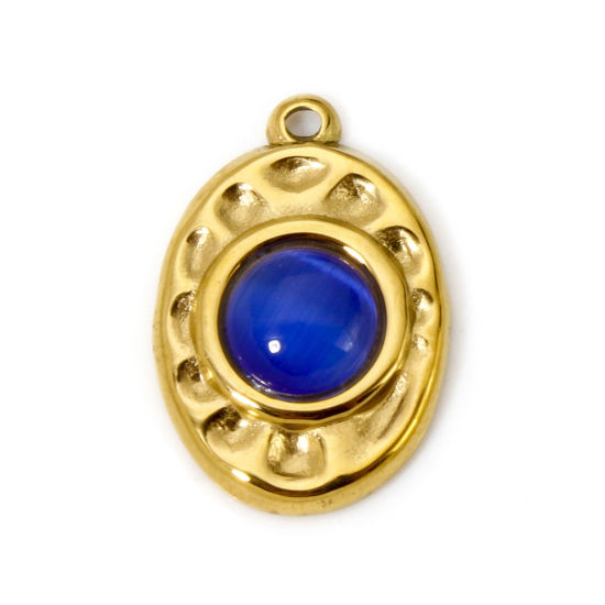 Picture of 1 Piece Eco-friendly PVD Vacuum Plating 304 Stainless Steel Hammered Charms 18K Real Gold Plated Dark Blue Oval With Synthetic Gemstone Cabochons 18mm x 12mm