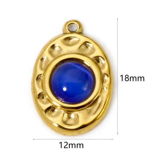 Picture of 1 Piece Eco-friendly PVD Vacuum Plating 304 Stainless Steel Hammered Charms 18K Real Gold Plated Dark Blue Oval With Synthetic Gemstone Cabochons 18mm x 12mm