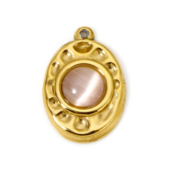 Picture of 1 Piece Eco-friendly PVD Vacuum Plating 304 Stainless Steel Hammered Charms 18K Real Gold Plated Pink Oval With Synthetic Gemstone Cabochons 18mm x 12mm