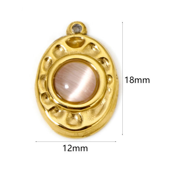 Picture of 1 Piece Eco-friendly PVD Vacuum Plating 304 Stainless Steel Hammered Charms 18K Real Gold Plated Pink Oval With Synthetic Gemstone Cabochons 18mm x 12mm